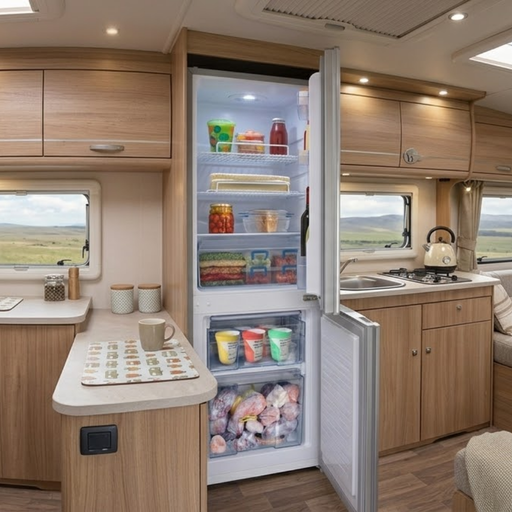 Open GECKO 139L 12V/24V Portable Upright Fridge Freezer in a kitchen with wooden cabinets and a view of a field outside.