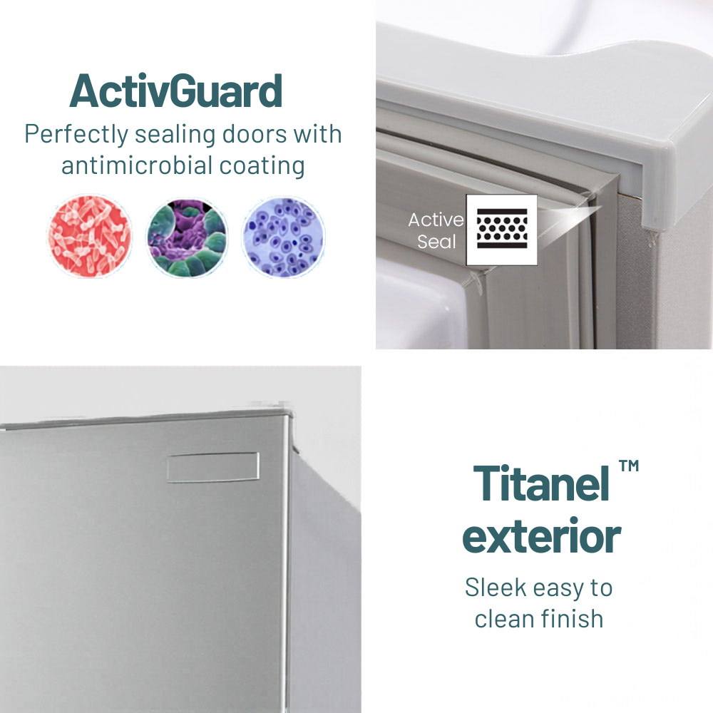 Advertisement for a door with ActivGuard antimicrobial coating and Titanel exterior finish.