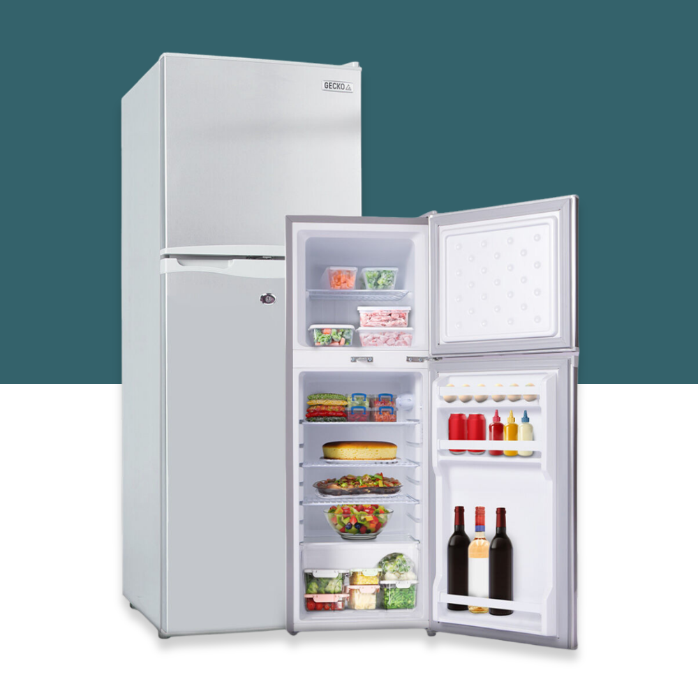 GECKO 142L 12V/24V Portable Upright Fridge Freezer with open doors showing various food items on a white background