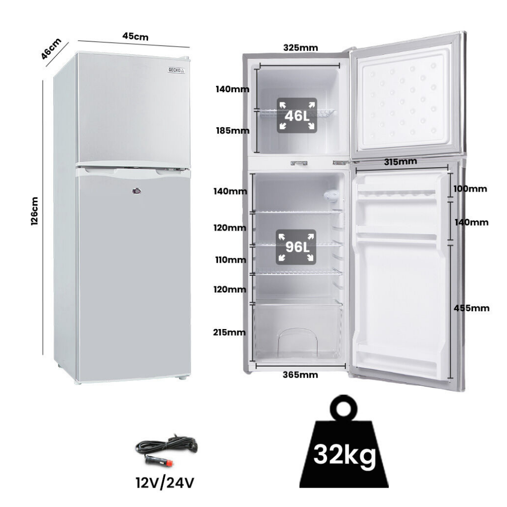 Measurement chart of a refrigerator with dimensions and weight displayed.
