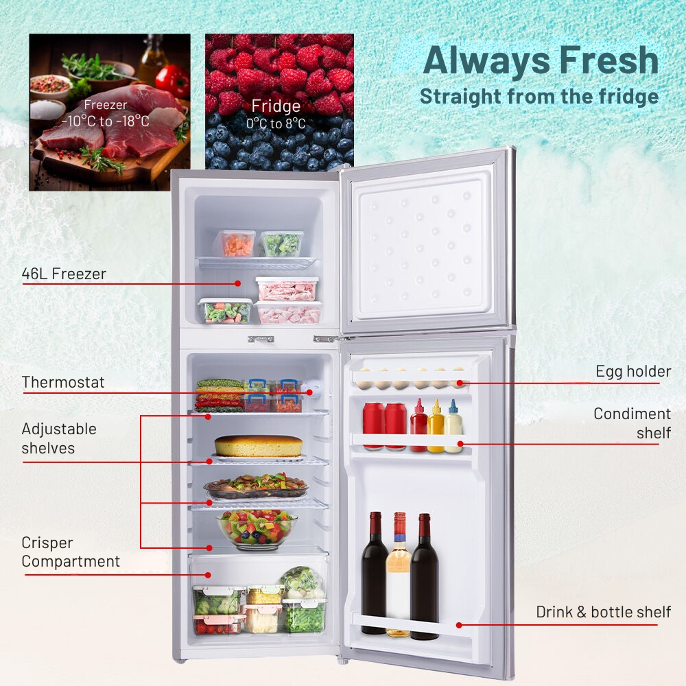 Diagram of a refrigerator with labeled compartments and food items inside, set against a light blue background.