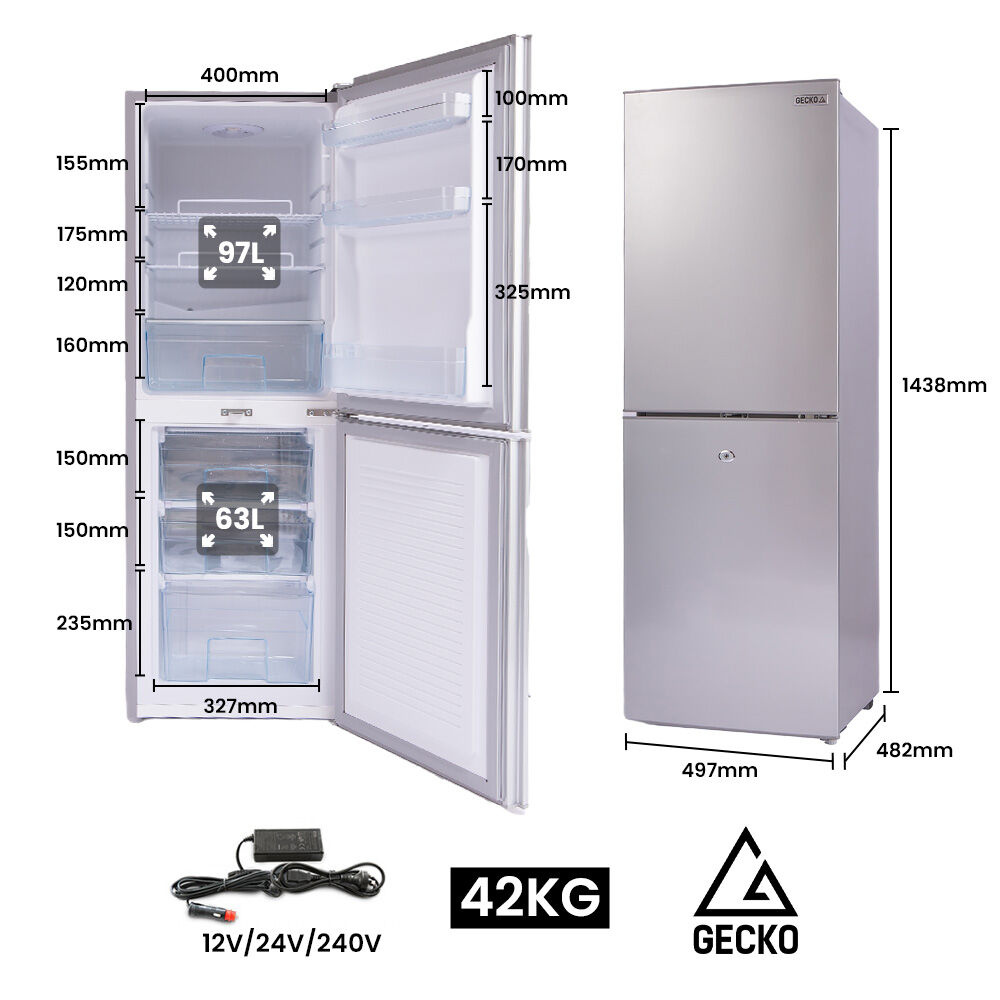 Stainless steel refrigerator with dimensions and specifications on a white background