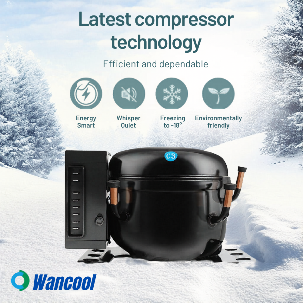 Wancool compressor in a snowy landscape with features listed.