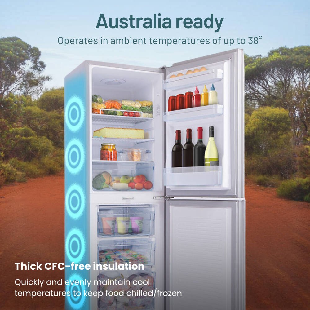 GECKO 160L 12V/24V Portable Upright Fridge Freezer with open doors showing food items in a natural setting