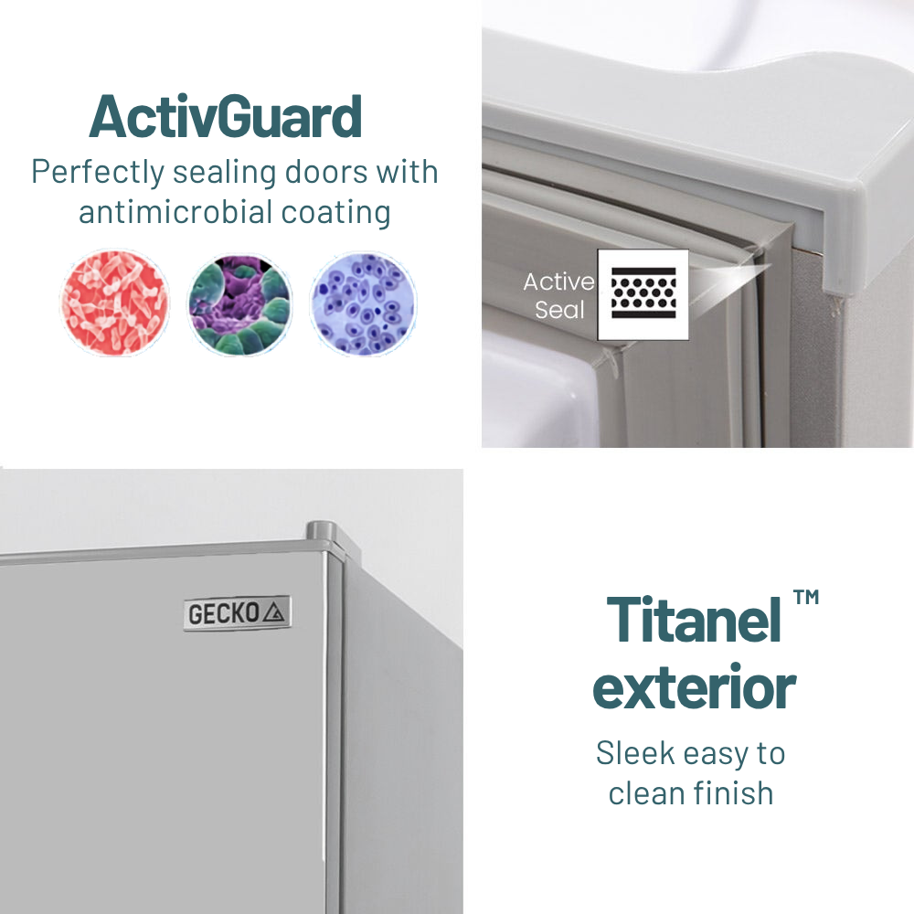 Advertisement for a refrigerator with ActivGuard and Titanel exterior features.