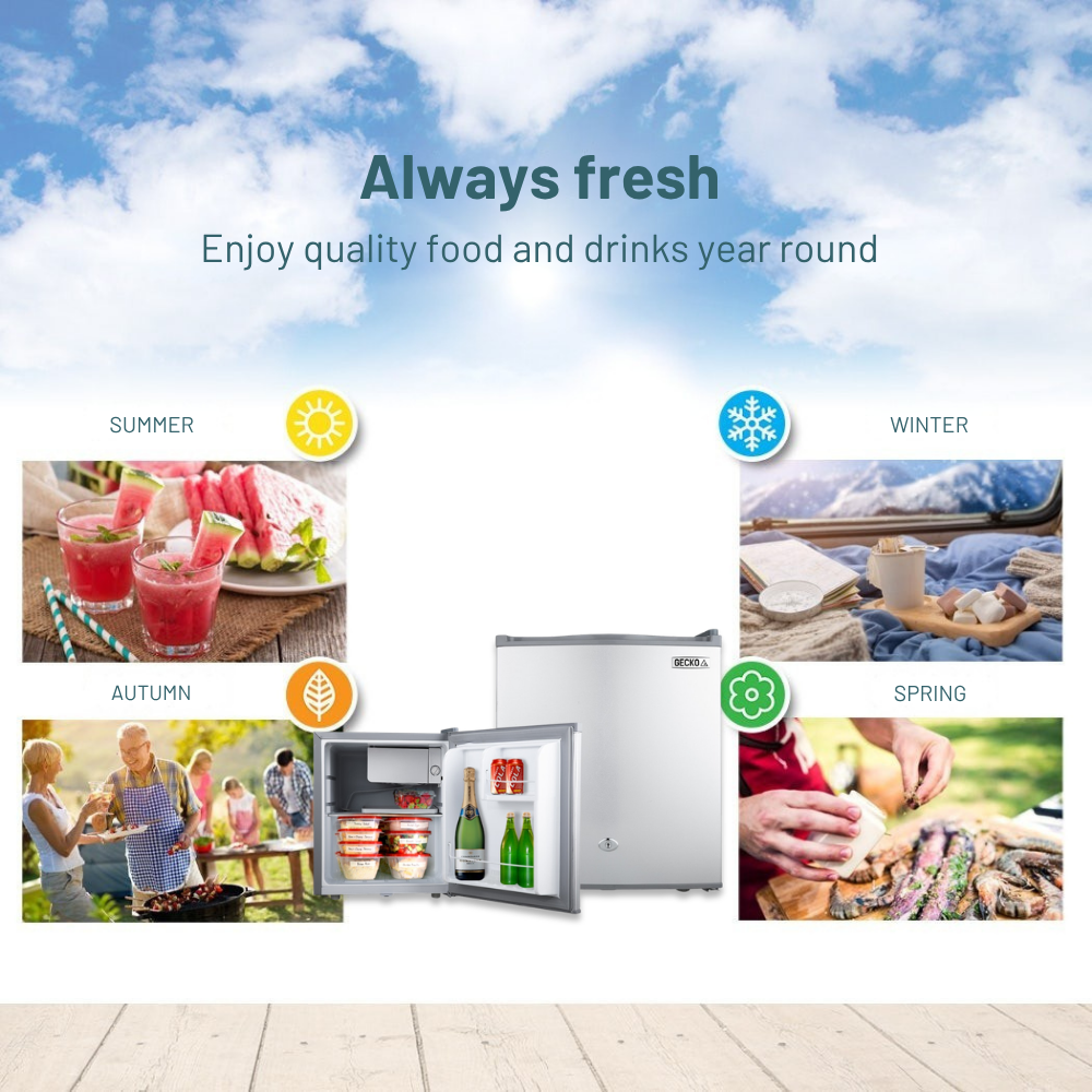 Advertisement for a refrigerator with images of people enjoying food and drinks in different seasons.
