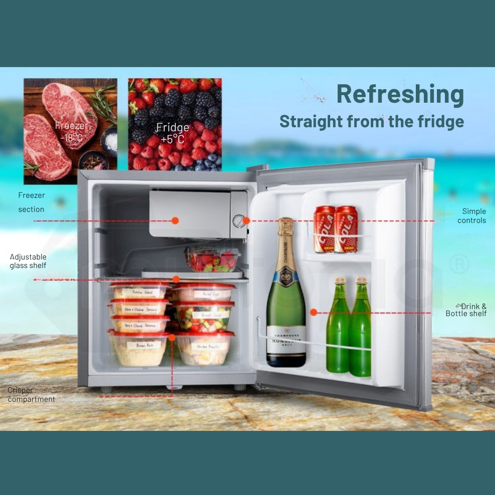 Mini refrigerator with open door displaying food items and drinks on a blurred outdoor background.