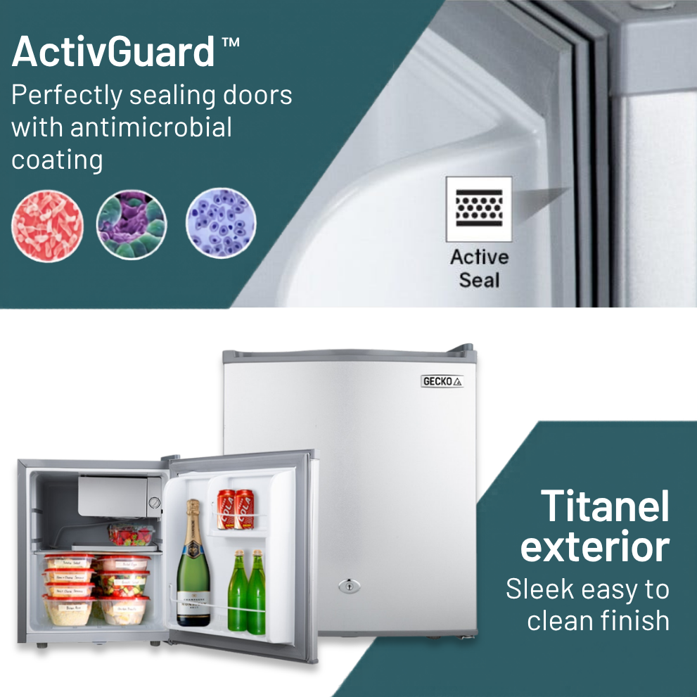GEcko refrigerator with open door showing food items, featuring ActivGuard technology and Titanel exterior.