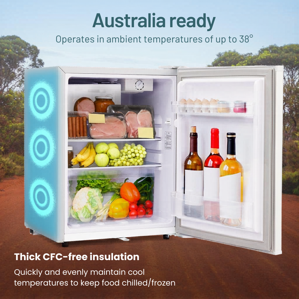 Portable refrigerator with food items and text about its features, operating temperature, and insulation.