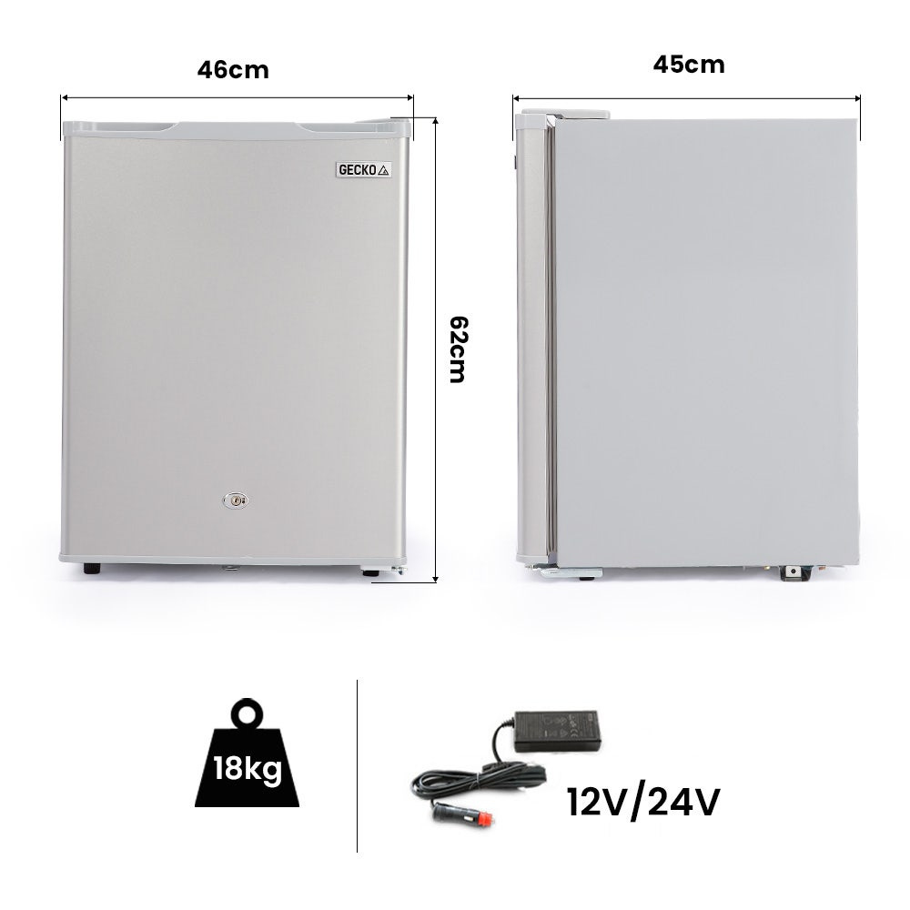 GECKO 70L 12V/24V Portable Upright Fridge Freezer with dimensions and specifications on a white background