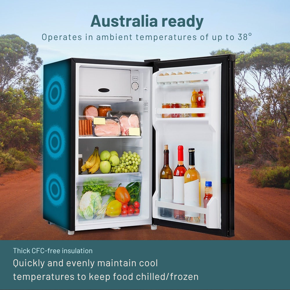 GECKO 95L 12V/24V Portable Upright Fridge With Chiller with open door showing food items in a natural setting