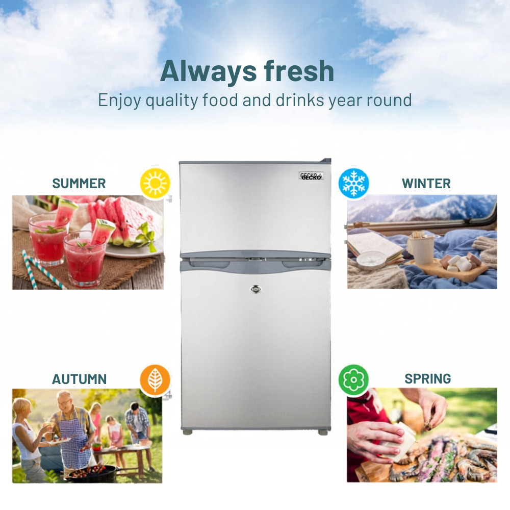 GECKO 95L 12V/24V Portable Upright Fridge Freezer with images of people enjoying food and drinks in different seasons on a blue sky background.