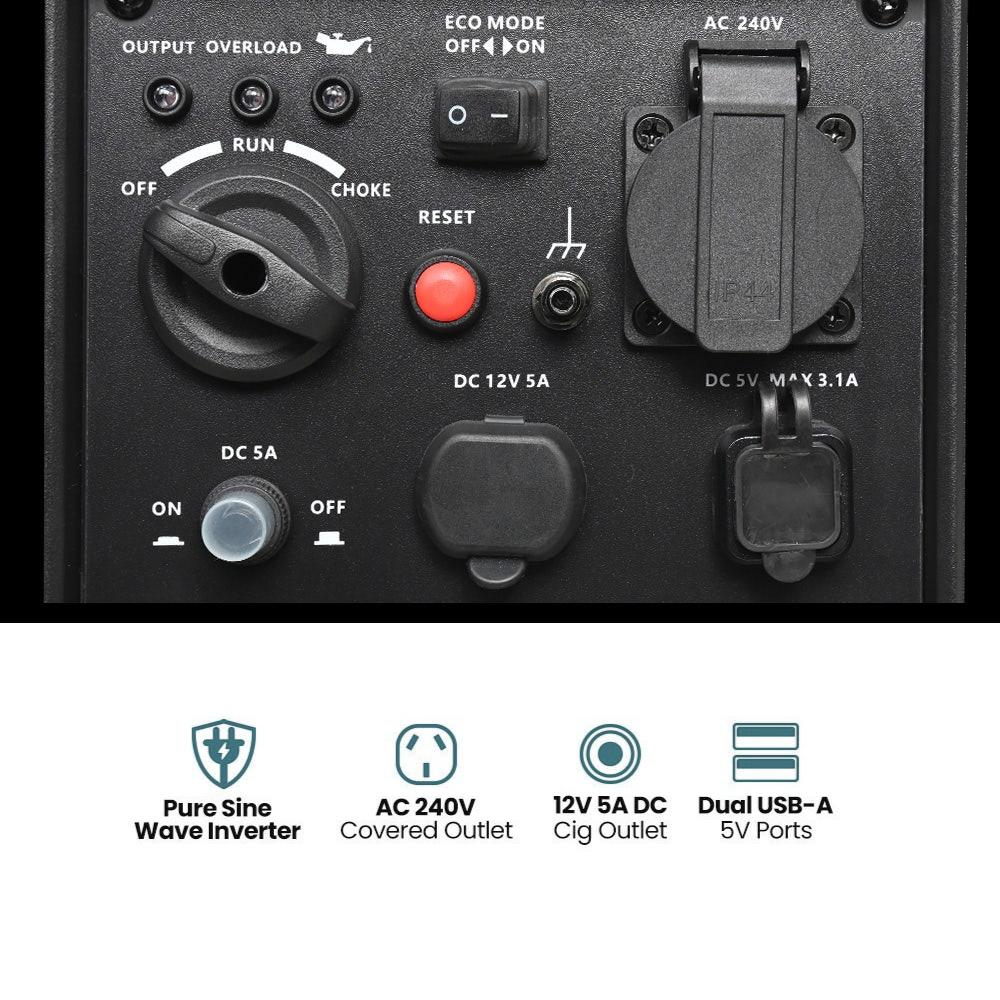 Control panel of a power supply unit with various switches and outlets, featuring icons and text indicating features.