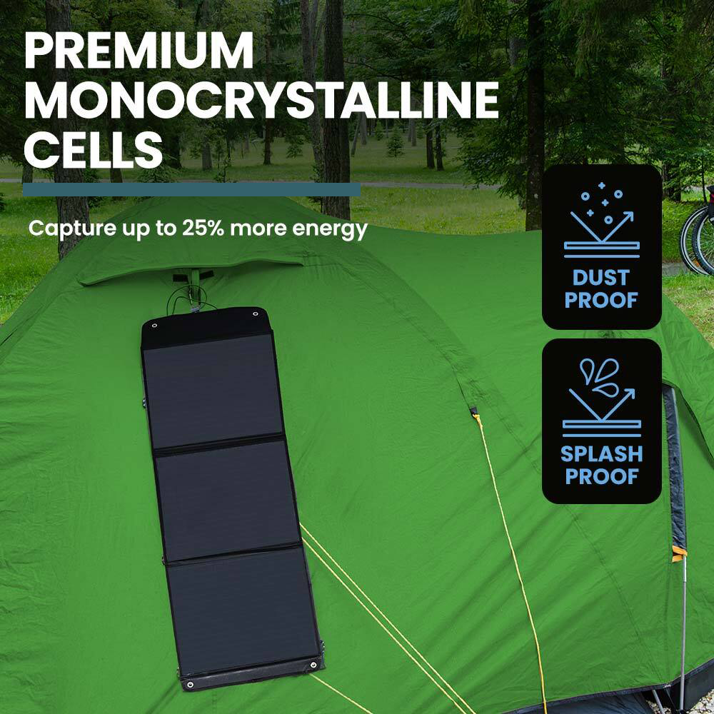 camping site with GENPOWER 100W Portable Folding Solar Panel