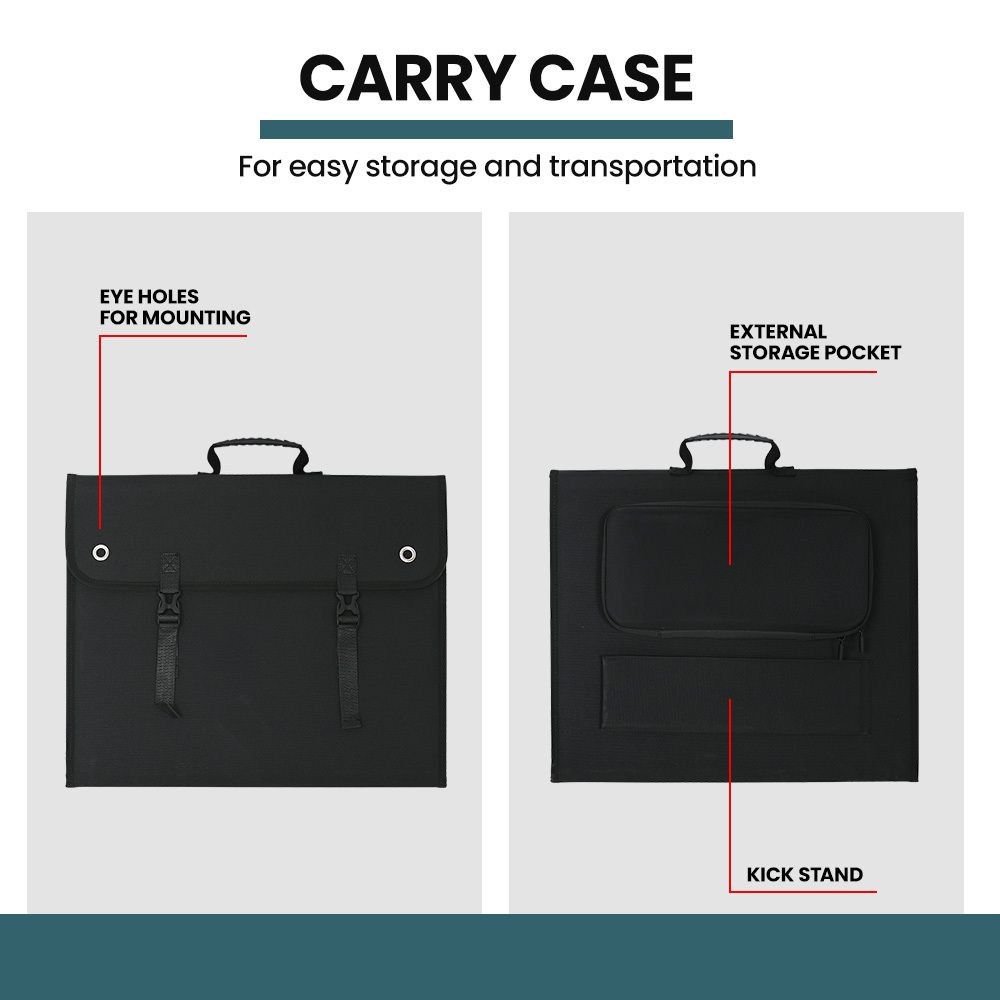 carry case rear and front view of GENPOWER 100W Portable Folding Solar Panel