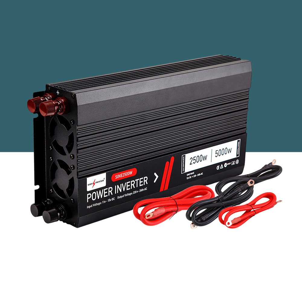 Main Product View: A full view of the 2500W/5000W Pure Sine Wave Power Inverter, showcasing its robust black aluminium housing with included cables for easy installation.