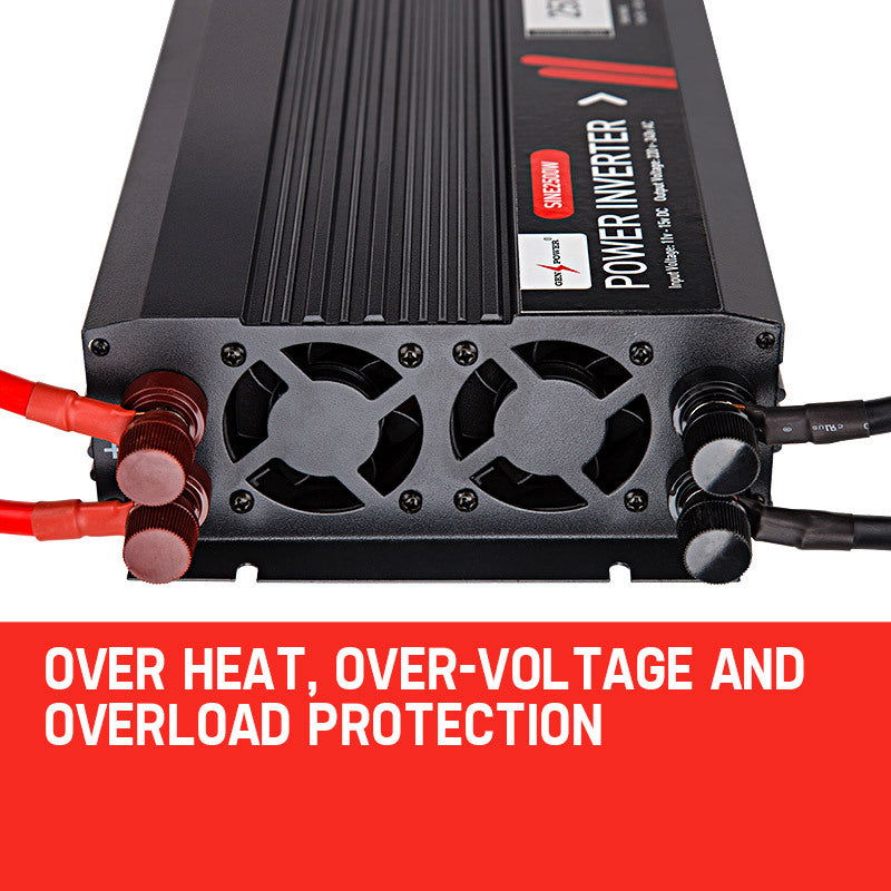 Protection Features: A close-up of the ventilation and safety features, including overheat, over-voltage, and overload protection systems.