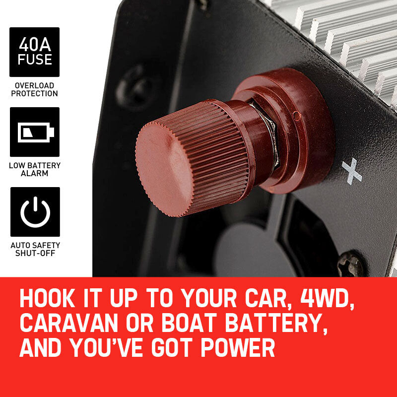 Demonstrating how the inverter easily connects to your car, 4WD, caravan, or boat battery to provide seamless power on the go.