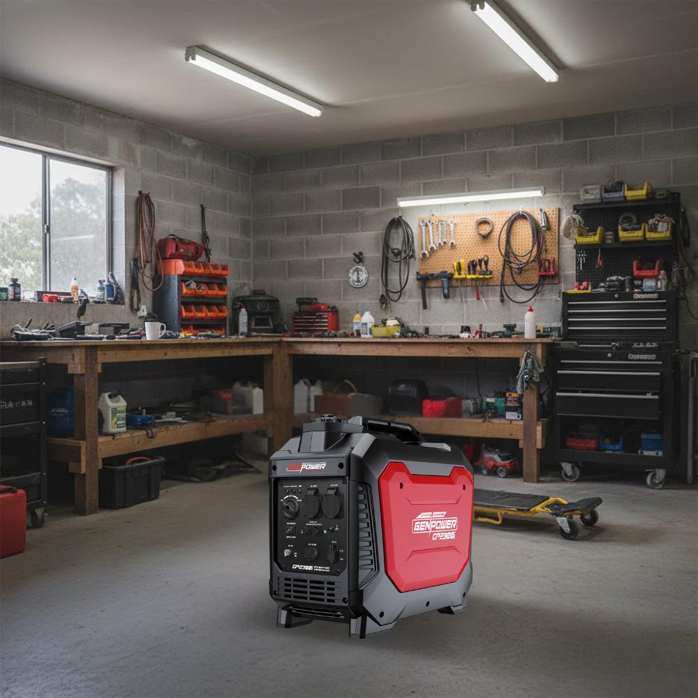 Inverter generator on a concrete floor with a workshop in the background