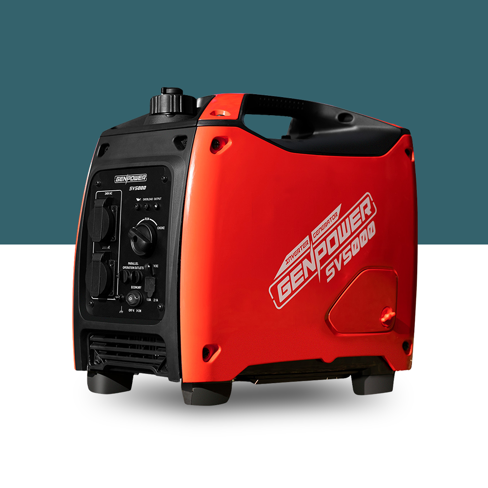 A side-angled view of the red GenPower inverter generator, highlighting its compact design and branding. The control panel and integrated handle for portability are visible.