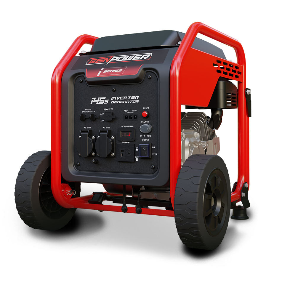 This is an image of a GenPower i455 inverter generator with a modern and robust design. The generator features a vibrant red frame and black body, showcasing its durability and mobility