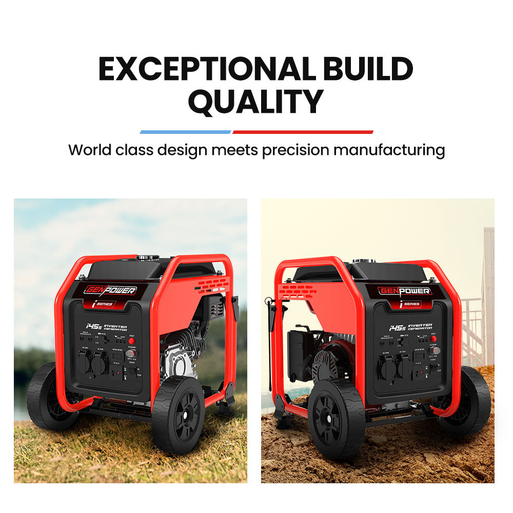 The image highlights the exceptional build quality of a generator, emphasising world-class design and precision manufacturing. It features two side-by-side views of the generator, showcasing its robust construction and stylish red-and-black design.