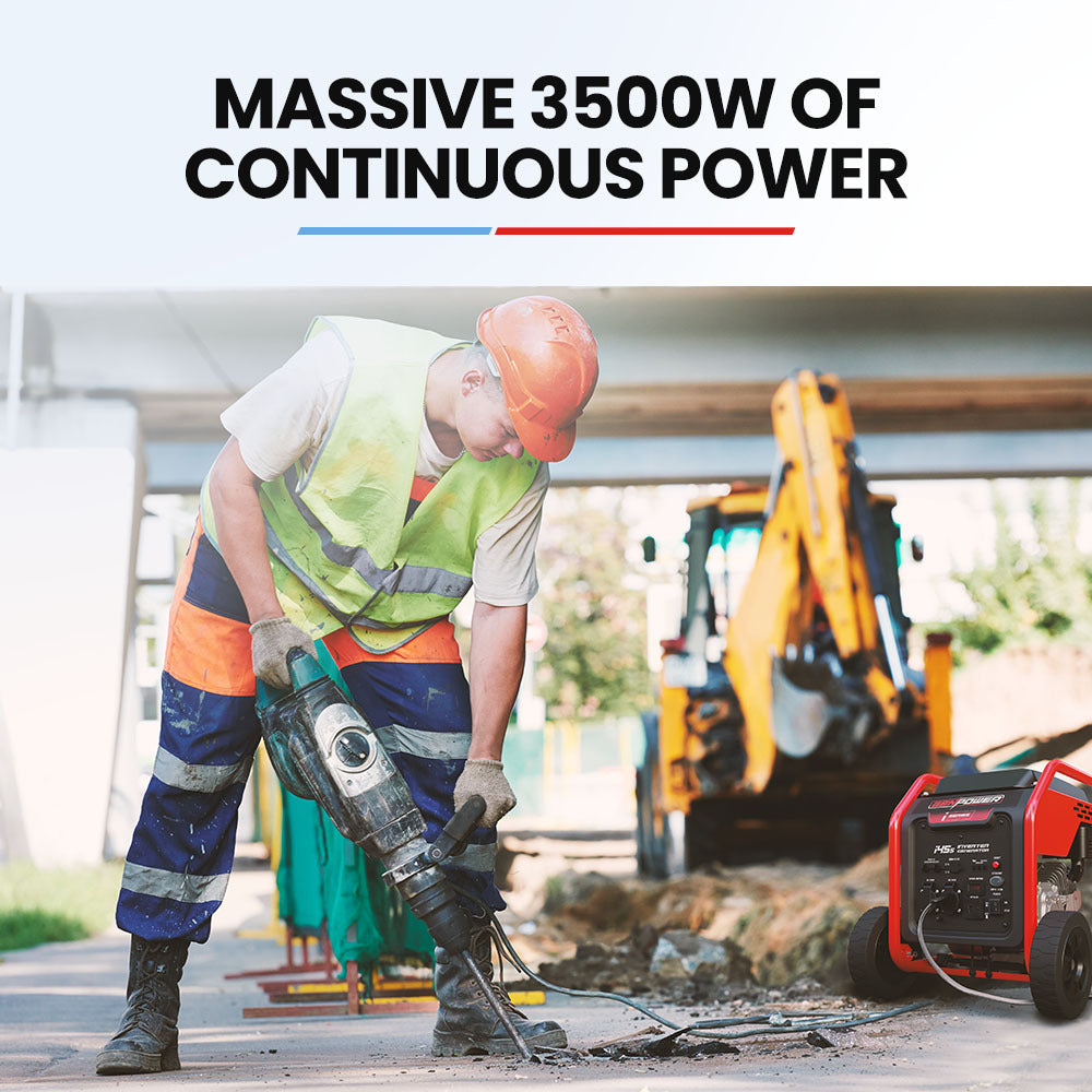 The image showcases a construction site with a worker in safety gear (helmet, high-visibility vest, gloves) operating a heavy-duty tool powered by a generator. The generator is prominently displayed in the bottom-right corner, connected to the tool. The setting includes a backhoe loader in the background, reinforcing the industrial and professional use case.