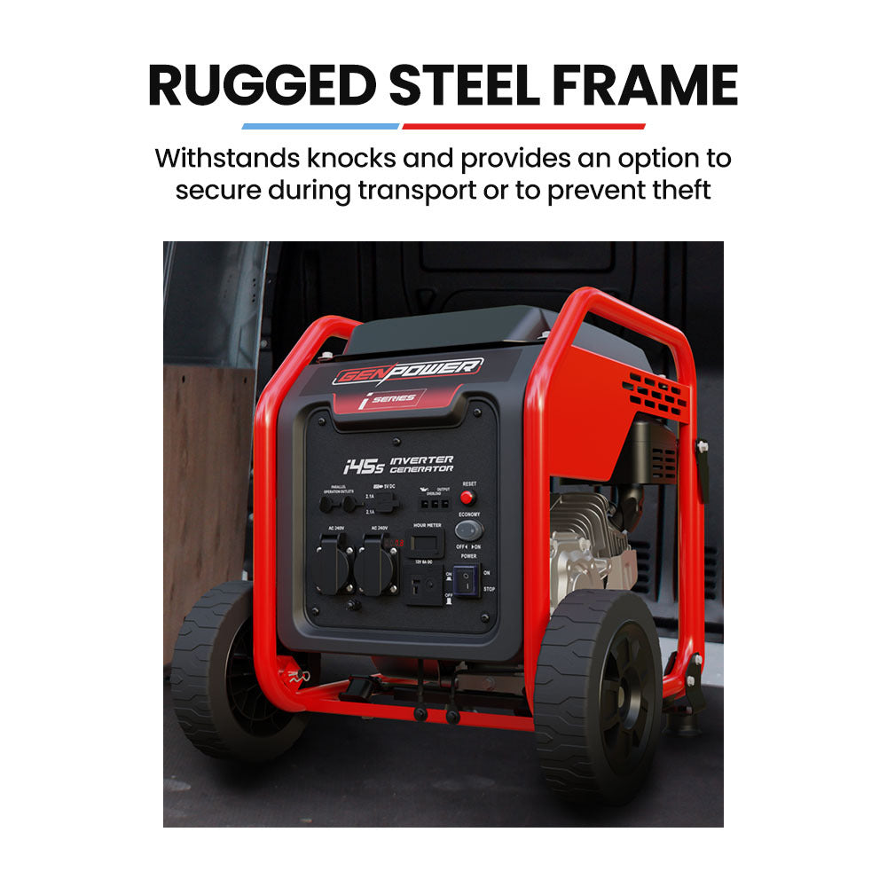 The image promotes the durability and security of the GenPower i45 Inverter Generator.