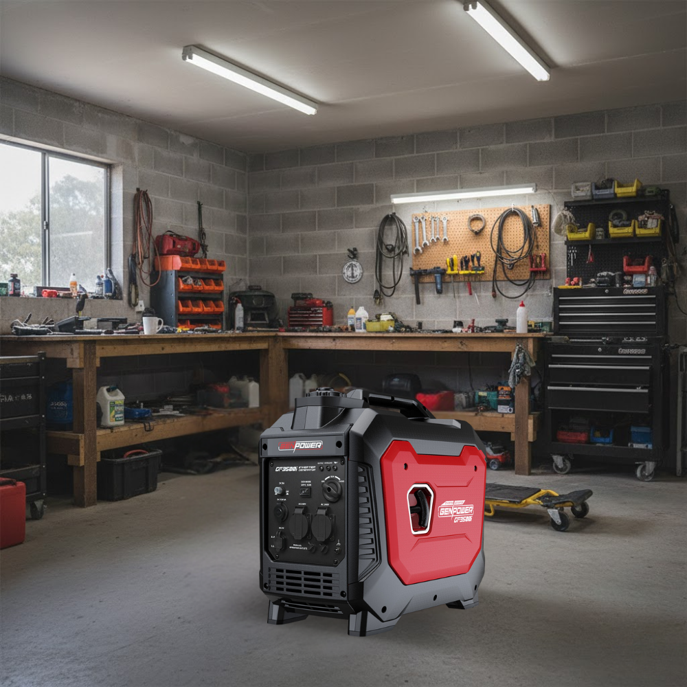 Portable generator in a workshop setting with tools and equipment around.