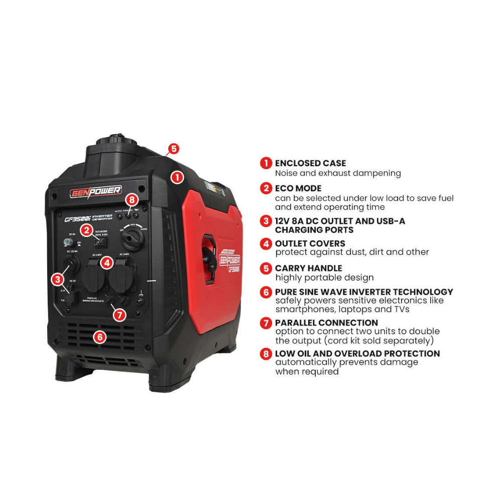 Black and red power generator with feature list on a white background