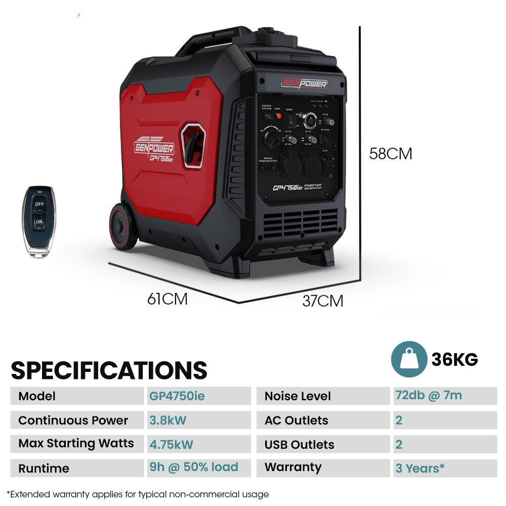 Portable generator with remote control, dimensions, and specifications displayed on a white background.