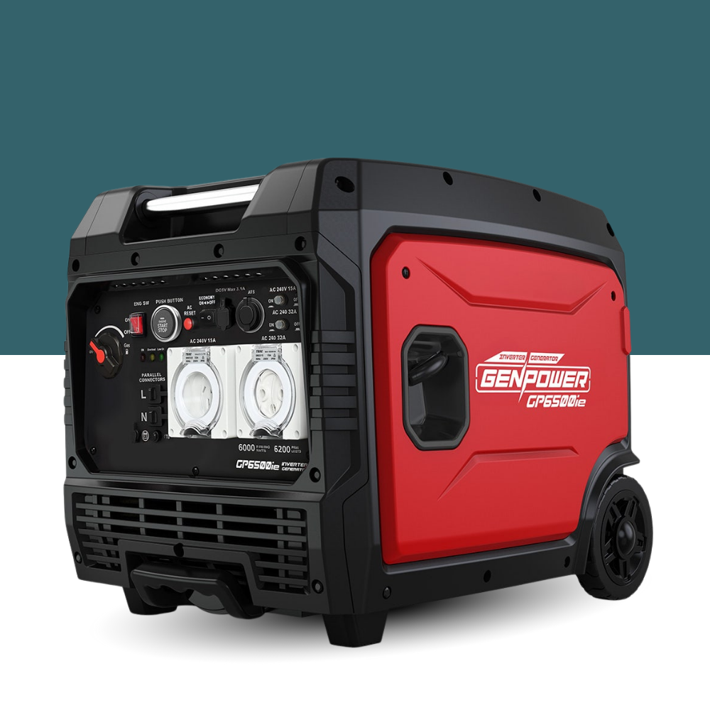 Red and black portable generator with 'Genpower' branding on a white background