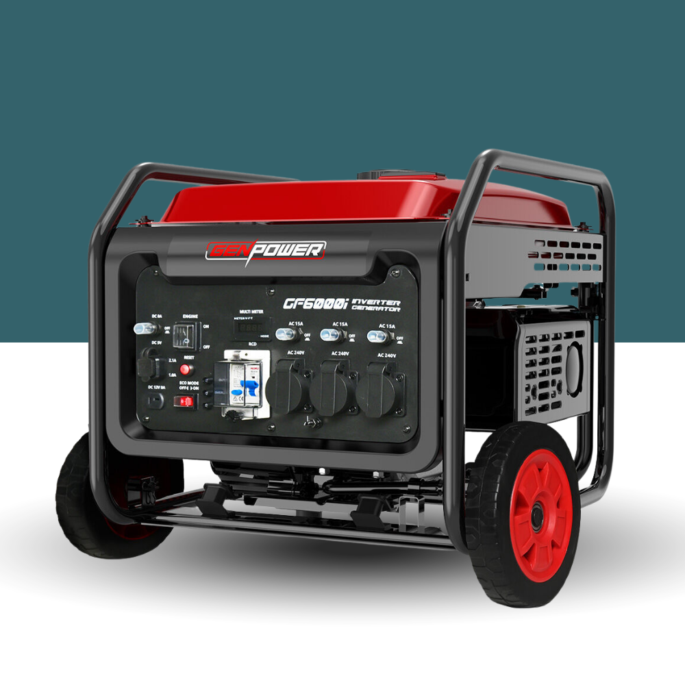 Portable generator with red and black design on a white background