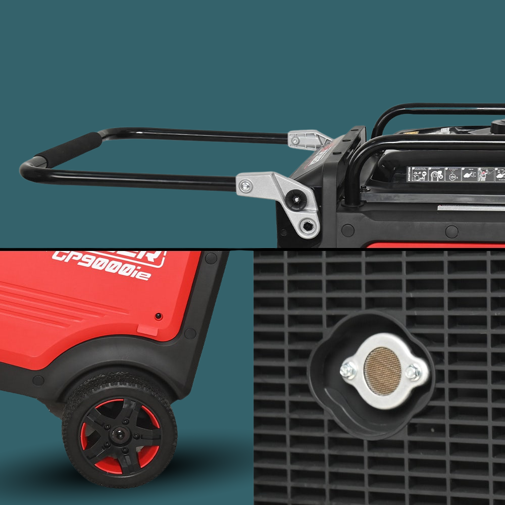 Red and black portable generator with visible branding on a teal background