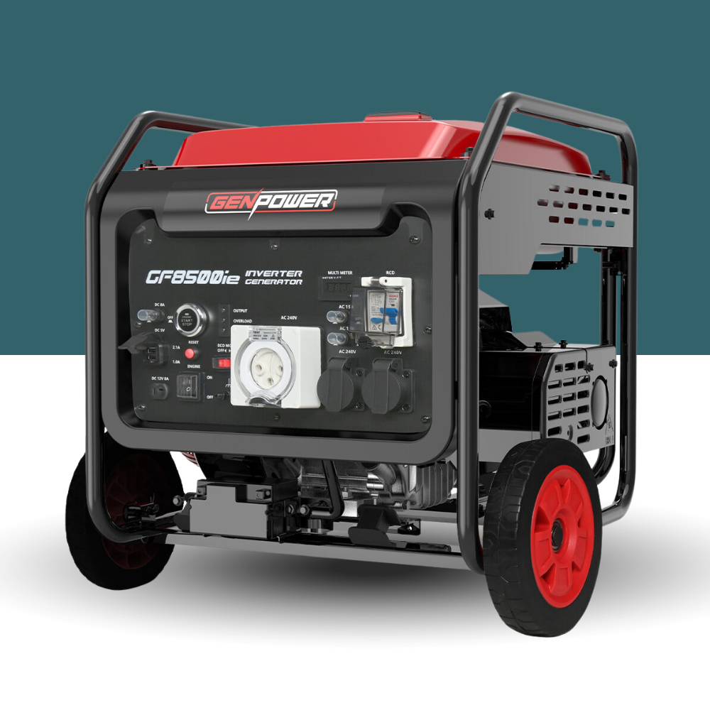 Portable generator with red and black design on a white background
