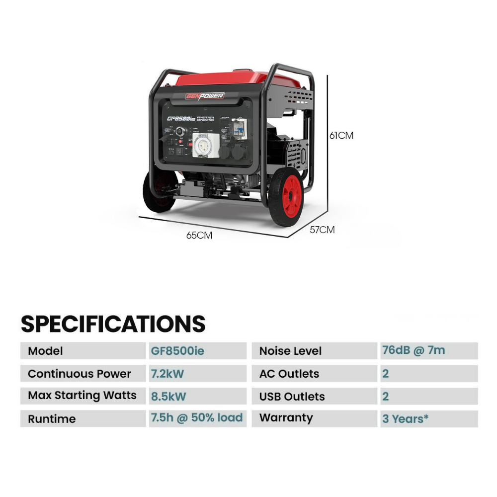 Portable generator with dimensions and specifications displayed on a white background