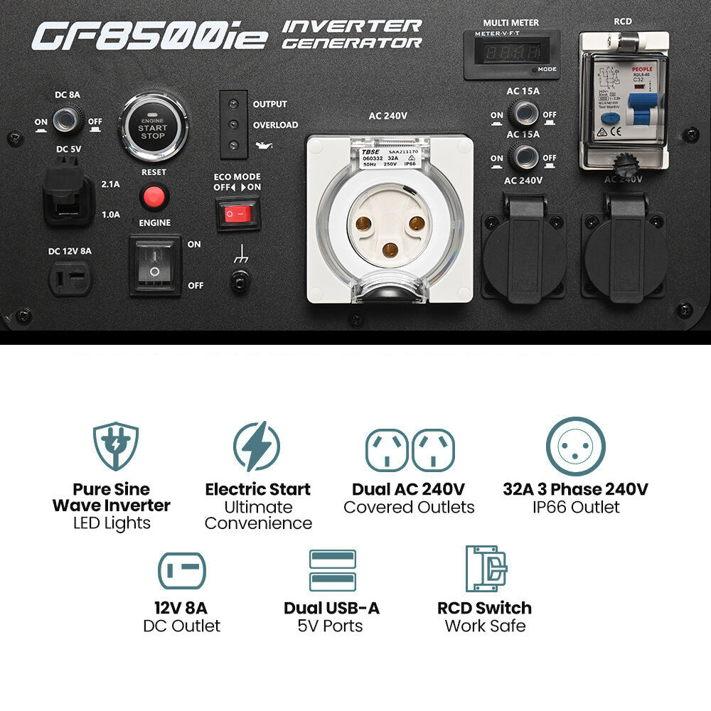 GF8500ie Inverter Generator with control panel and power outlets, featuring text and icons.