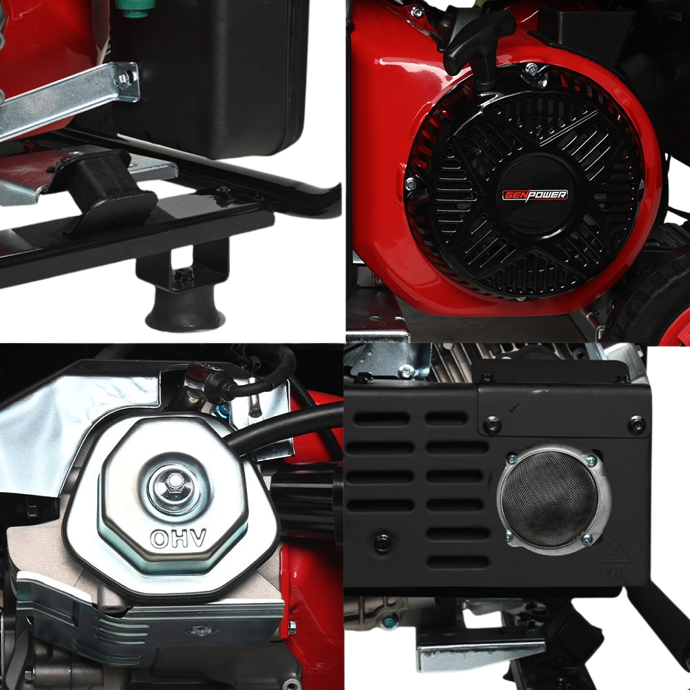 Close-up details of a red and black engine, including the brand 'Gen Power'.