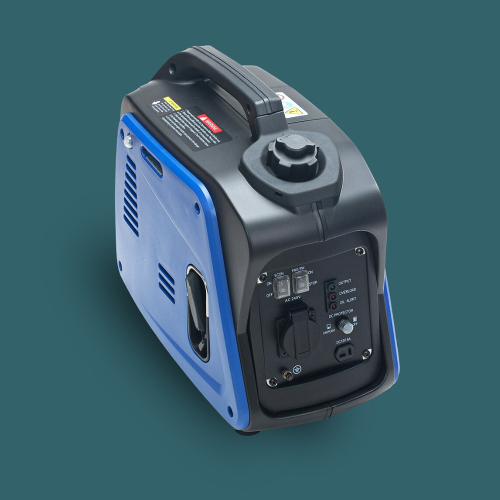 Portable generator with blue and black design on a teal background