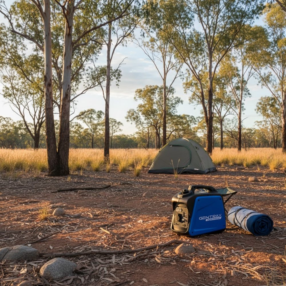 Camping scene with a tent, portable generator, and rolled-up mat in a natural setting.
