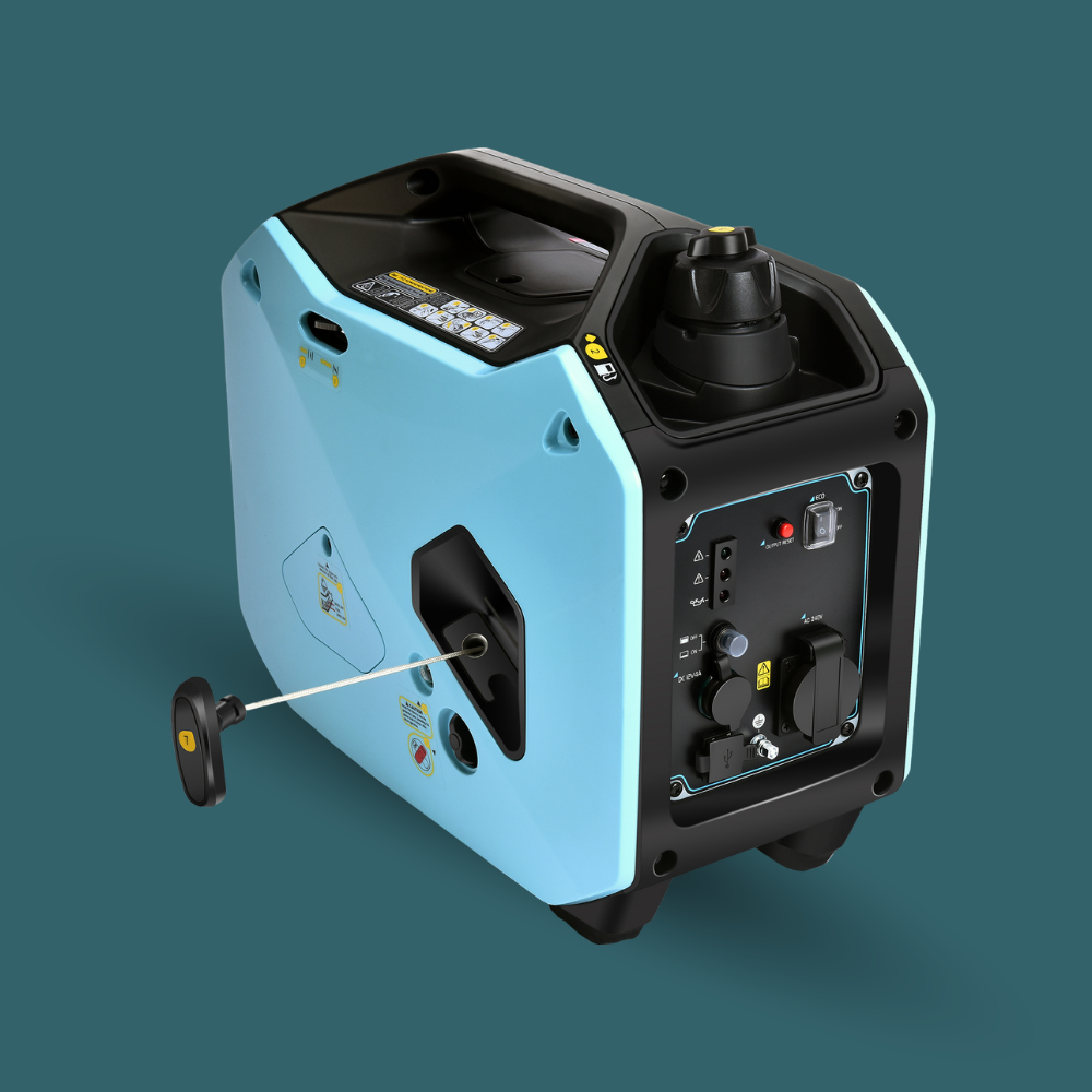 Portable power station with a blue and black design on a teal background