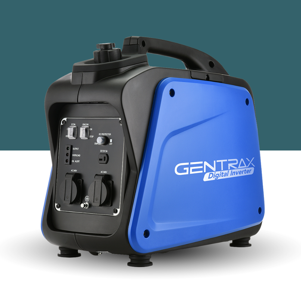 Blue and black Gentrax digital inverter on a white background