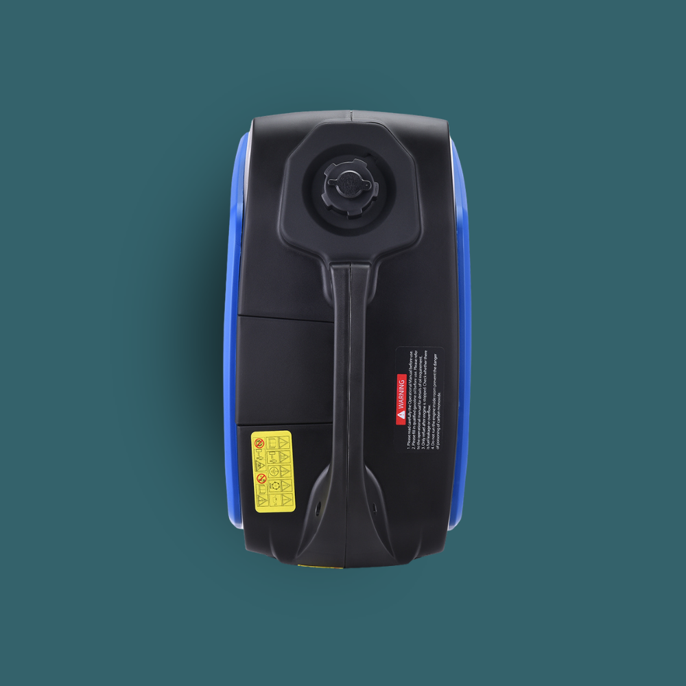 Black and blue cylindrical device on a teal background