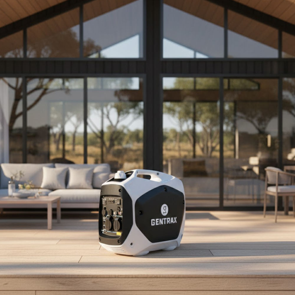 Gentrax portable generator on a patio with a modern house in the background