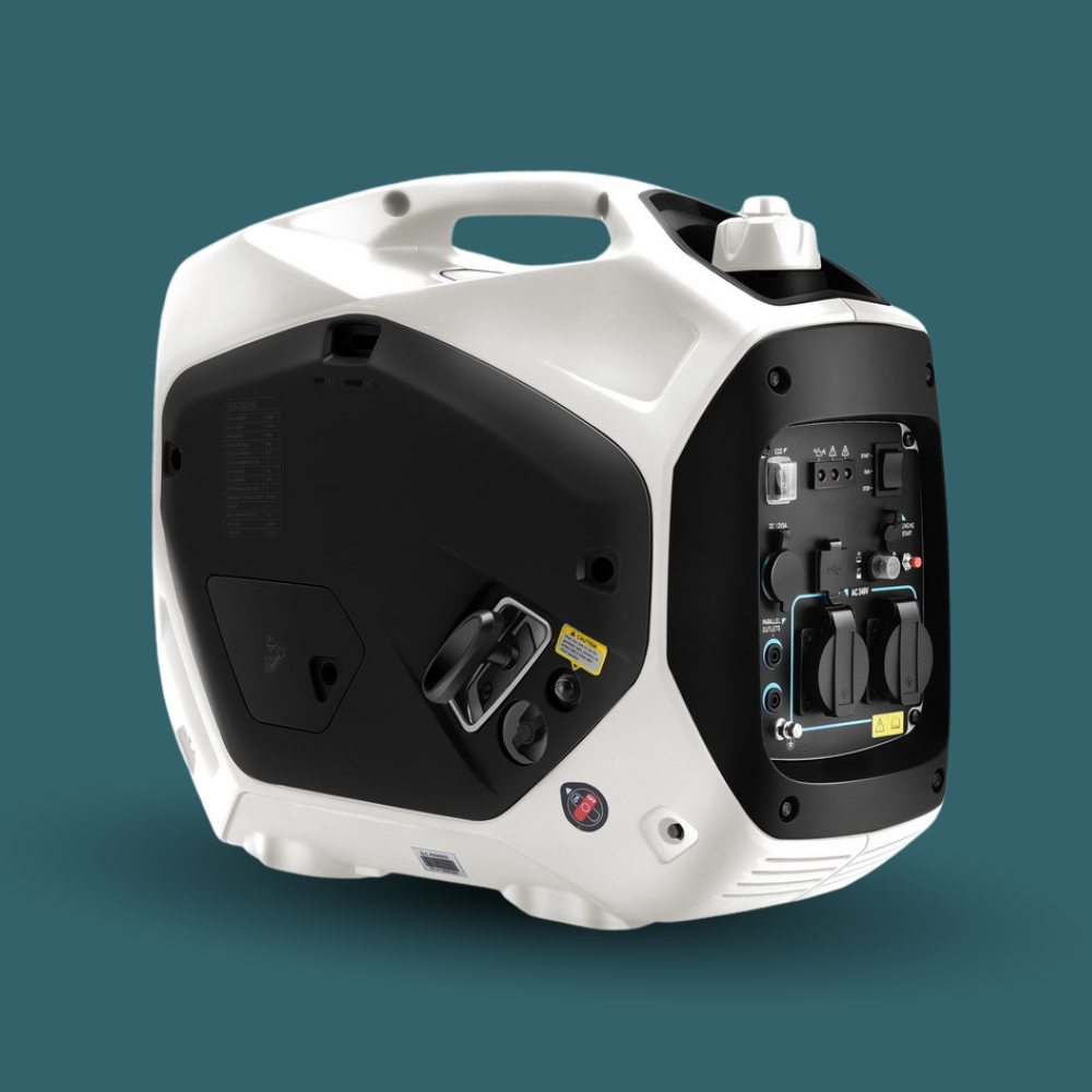White and black portable generator on a green background