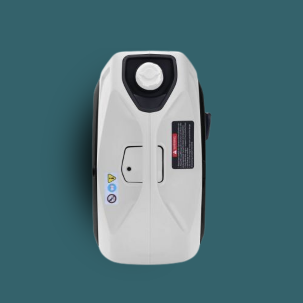 White electronic device with buttons and a display on a teal background