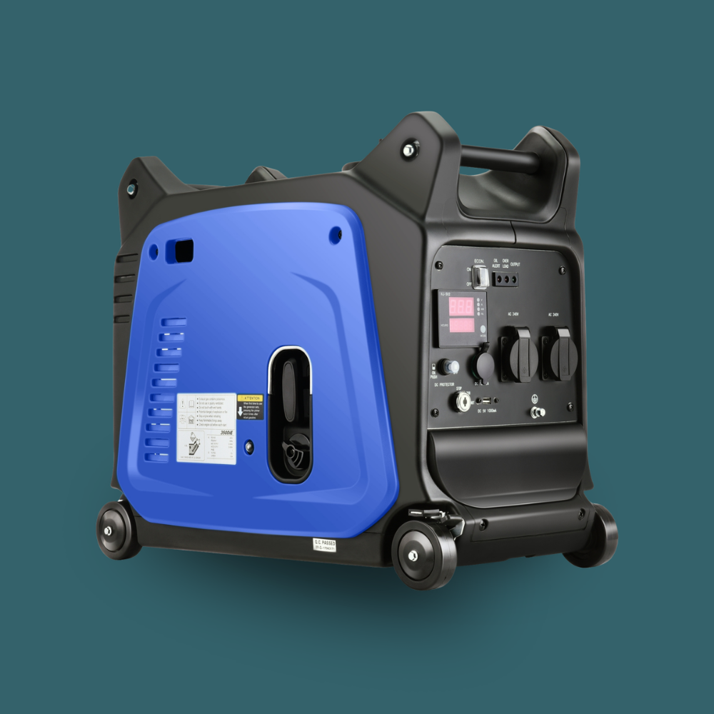 Blue and black portable generator on a green background