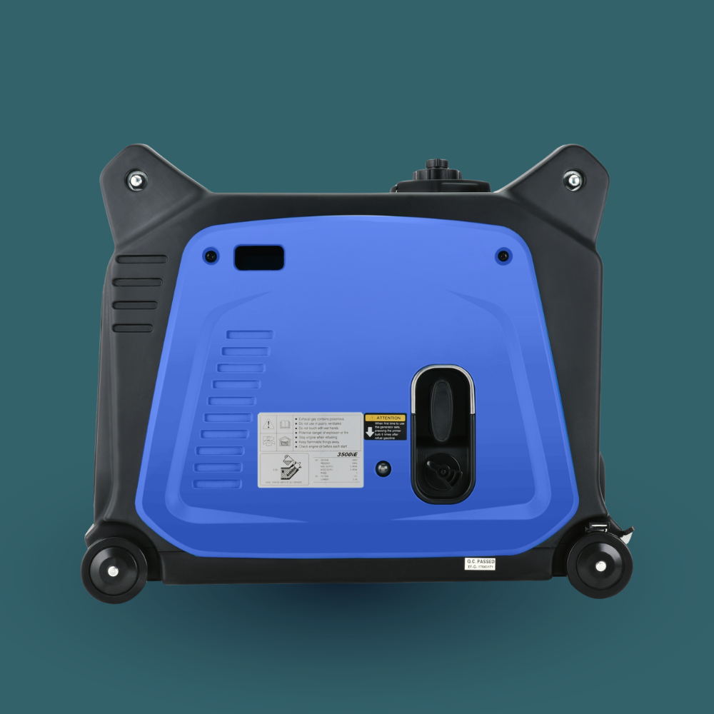 Back view of a blue and black portable generator on a teal background