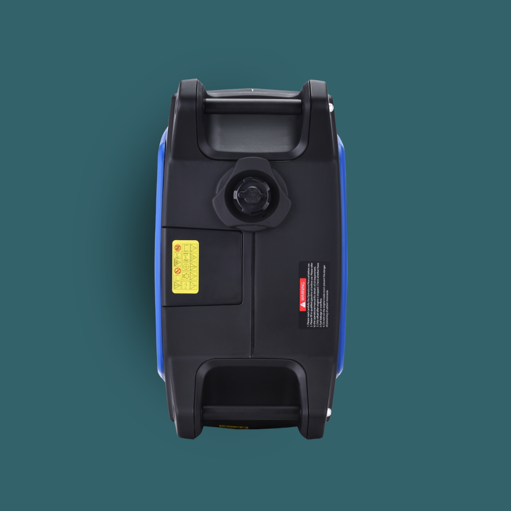 Back view of a portable power station on a teal background