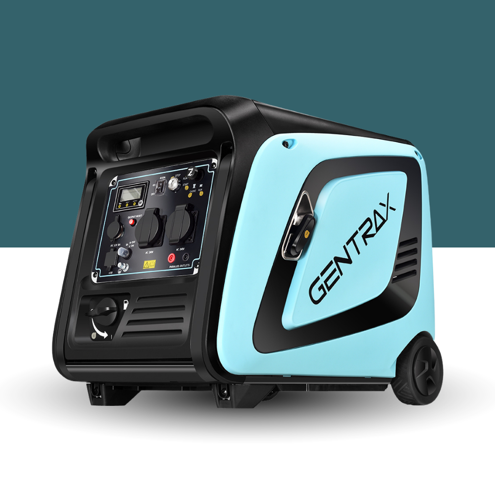 Portable generator with 'GENTRAK' branding on a white background
